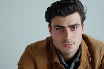 Obraz premium Confident Young Man in Casual Attire Posing for a Portrait Against a Light Background