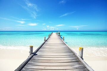 Obraz premium Scenic view of a wooden pier extending into crystal clear turquoise waters under a bright blue sky, sandy beach in the foreground. Ai generative