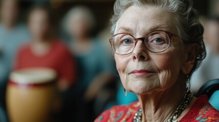 Emotional and Creative Music Therapy for Elderly An Elderly Woman in a Wheelchair, Joined by a Caregiver, Experiences the Healing Power of Music in a Supportive Group Session Witnessing the