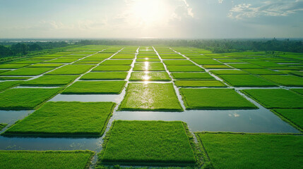 Obraz premium Aerial view of vast green rice field with water reflections under bright sky. landscape showcases beauty of agriculture and nature harmony