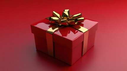 Fototapeta premium red gift box with shiny gold bow sits on vibrant red background, creating festive and cheerful atmosphere perfect for celebrations