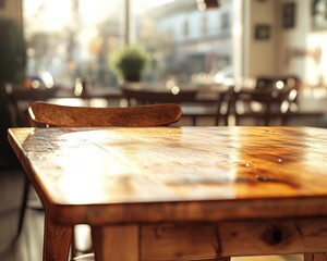 Obraz premium Empty Wooden Table with Warm Lighting and Soft Shadows in a Cozy Cafe Setting, Perfect for Mockups, Product Photography, and Food Styling