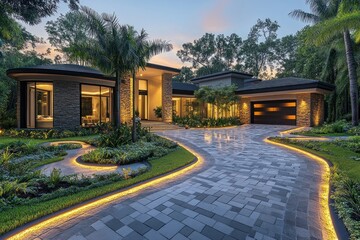 Modern home with landscaped driveway and illuminated path at twilight