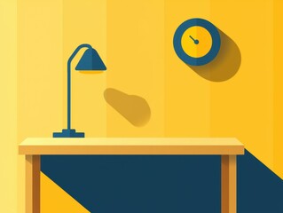 Minimalist Workspace with Desk Lamp and Clock on Bright Yellow Wall