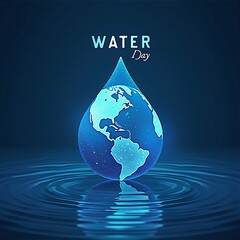 Obraz premium World Water Day concept with glowing Earth and water drop on dark blue background.