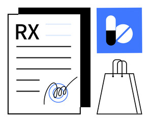 Prescription form with RX label and signature, medicine capsule and tablet icon on blue background, and shopping bag. Ideal for healthcare, pharmacy services, medical prescriptions, medicine retail