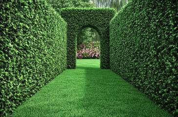 tall hedge wall with two arches creates serene pathway through lush greenery, inviting exploration and tranquility in vibrant garden setting