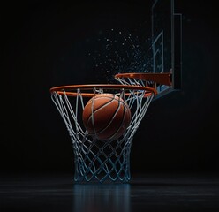 Basketball going through the basket on black backgorund Generative Ai.


