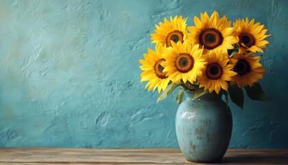 vibrant vase filled with sunflowers on wooden table against light blue background creates cheerful atmosphere. bright yellow petals contrast beautifully with turquoise hue