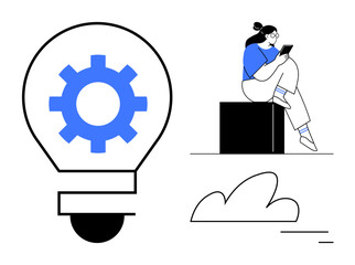 Woman reading on a tablet while seated on a block, large lightbulb with gear symbol, simple cloud illustration. Ideal for education, technology, innovation, creativity, learning, productivity