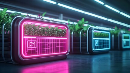 Obraz premium futuristic vertical farm, neon lights, plants - futuristic technology