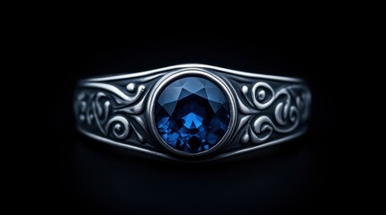 Elegant silver ring with blue gemstone studio setting jewelry photography dark background close-up shot