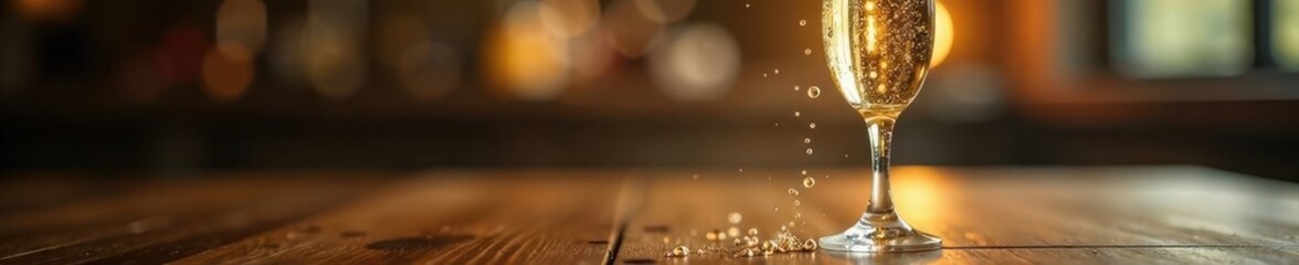 Bubbly champagne glass on a wooden table, with a few stray bubbles rising to the surface, bubbles, glasses, drink