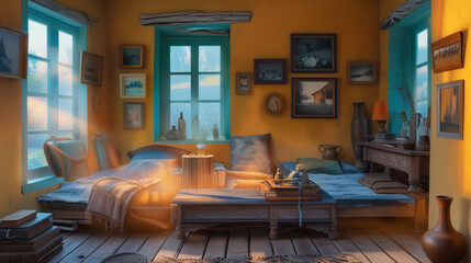 stock photo depicts a humble village room with simple interior decor, showcasing artwork and providing a glimpse into modest living space of inhabitants