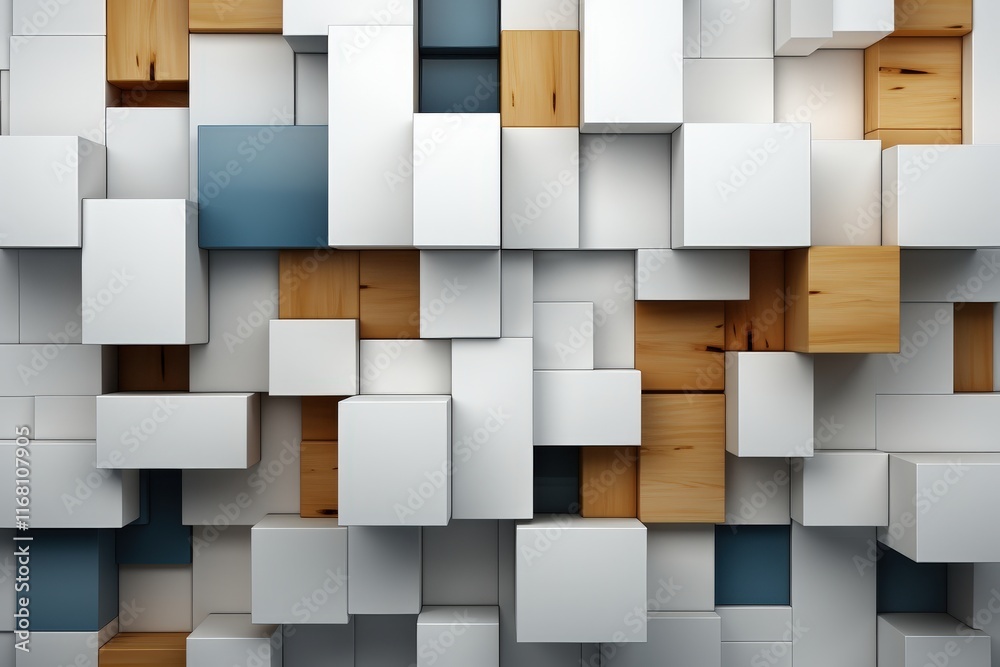Poster neatly organized 3d blocks designing a wall structure with a harmonious blend of colors and textures