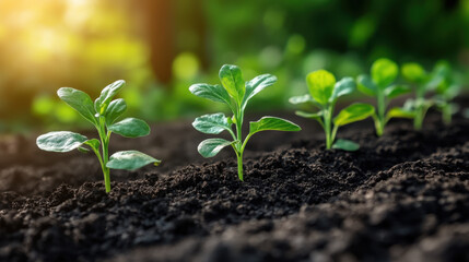 Growing plants in soil with sunlight, showcasing agricultural growth and sustainability. vibrant green leaves symbolize hope and new beginnings in nature