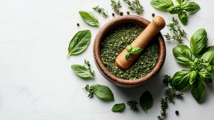 Dried Basil and Thyme in Wooden Mortar with Fresh Herbs