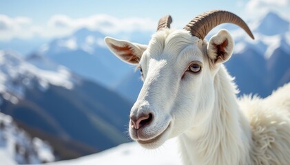 Obraz premium Close-up of white goat's face with snow-covered mountains in background, wildlife, goat, animal