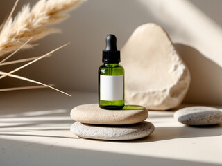 a green glass dropper bottle with a blank label, placed on stacked natural stones, surrounded by dried pampas grass.