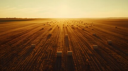 Fototapeta premium Golden Hay Bales Line Field At Sunset