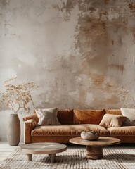 Modern living room with Japandi design, showcasing vintage sofa, coffee table, and empty stucco wall for copy space