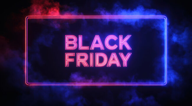 Black Friday neon sign glowing in vibrant colors against dark background, creating exciting atmosphere for shopping and sales events. Perfect for promotions and advertisements