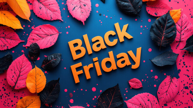 Black Friday sale with vibrant leaves in orange, pink, and black colors, creating festive atmosphere. Perfect for promotional graphics and marketing materials