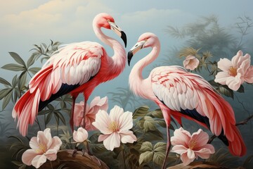Fototapeta premium Tropical Jungle Scene with Pink Flamingos Among Lush Green Leaves and Delicate Flowers in a Serene Forest Background