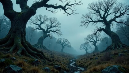 Gloomy forest landscape with twisted, gnarled trees and overcast sky, wilderness, nature