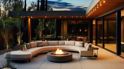 Fototapeta premium Modern outdoor patio, luxurious curved sectional sofa, circular fire pit, mood lighting, string lights, twilight sky, contemporary architecture, glass walls, wooden pergola, lush landscaping, cozy amb