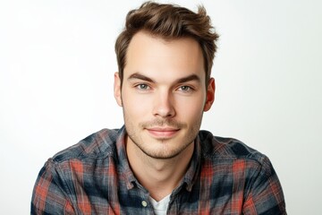 Obraz premium Confident Young Man in Casual Attire with a Friendly Smile Against a Light Background