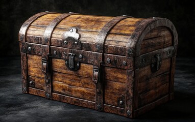 Old wooden chest with metal straps and lock.