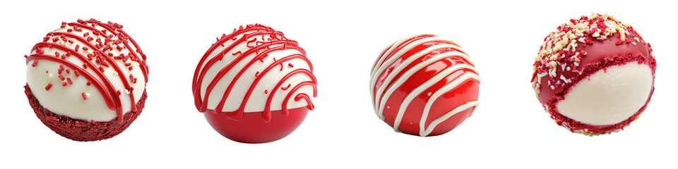 Valentine Sweets Delicious red and white dessert balls decorated with festive patterns, perfect for celebrations and special occasions.