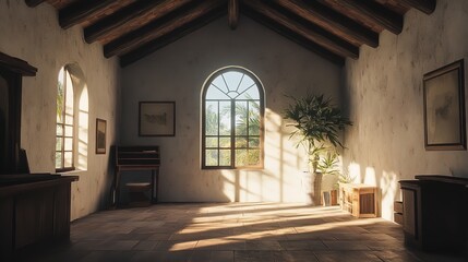 A room with a couch and a rug on the floor and a window with the sun shining through the windows.