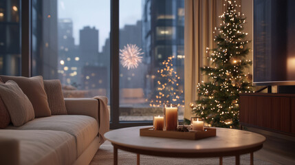 cozy living room with festive New Year decor and glowing candles by window