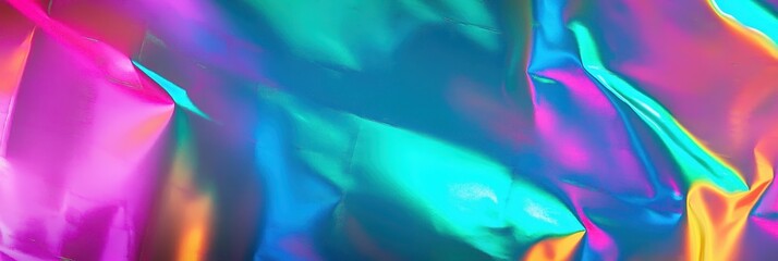 Obraz premium Holographic texture, iridescent surface, rainbow colors, abstract pattern, shimmering light, prismatic effect, metallic sheen, vibrant gradients, liquid chrome, futuristic background, psychedelic swir