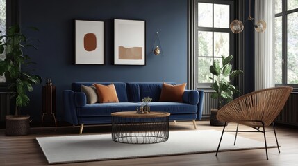 Dark teal walls, navy blue velvet sofa, modern living room, wicker chair, framed botanical prints, orange cushions, minimalist decor, houseplant, wooden coffee table, cozy interior design, sophisticat