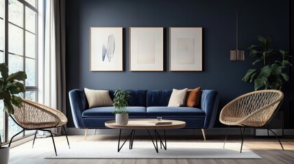 Dark teal walls, navy blue velvet sofa, modern living room, wicker chair, framed botanical prints, orange cushions, minimalist decor, houseplant, wooden coffee table, cozy interior design, sophisticat
