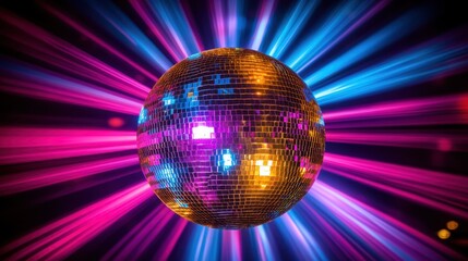 Obraz premium disco ball, glowing, vibrant colors, purple and pink lighting, radiant beams, reflective surface, dance floor, retro, nightclub atmosphere, 70s style, shimmering, party, dynamic lighting, sparkle, ene