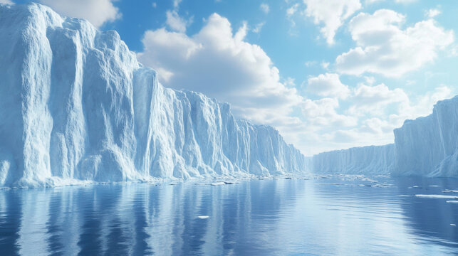 stunning ice surface with towering glaciers and calm water reflecting sky. scene captures beauty of nature in serene, icy landscape