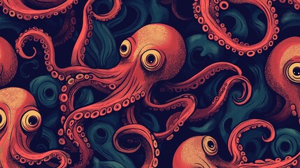 Seamless Pattern of Colorful Red and Blue Octopuses with Large Eyes on Dark Blue Background