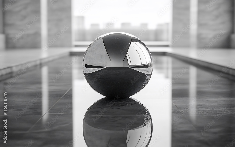 Poster chrome sphere reflects a building in a monochrome scene.