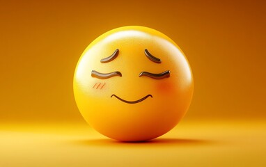 Fototapeta premium Shy yellow emoji with closed eyes and blush.
