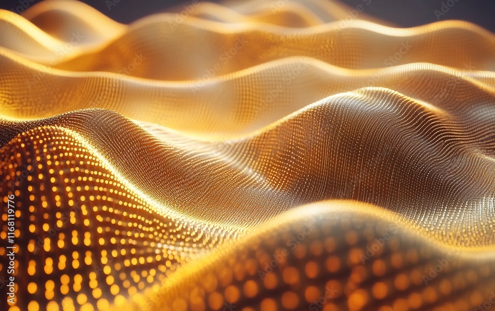 Poster golden wavy abstract 3d mesh with dot pattern.