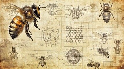 A detailed illustration of bees with scientific diagrams and sketches.