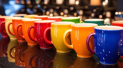 Colorful Coffee Mugs in Row on Countertop with Soft Lighting in Cafe or Kitchen Environment