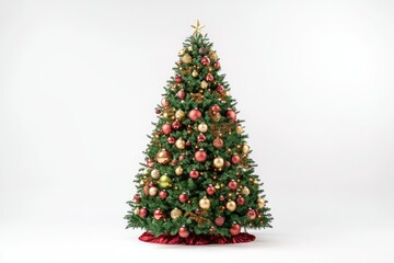 Fototapeta premium A beautifully decorated Christmas tree with red and gold ornaments, a star on top, and a red tree skirt.