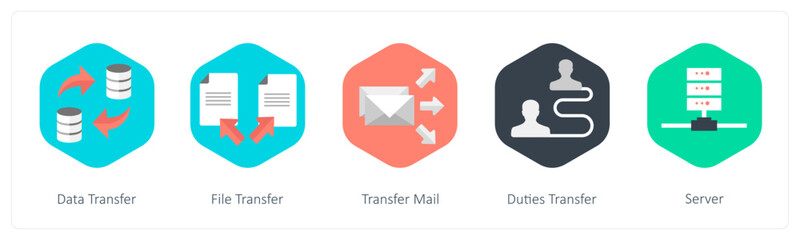 A set of 5 mix icons as data transfer, file transfer, transfer mail