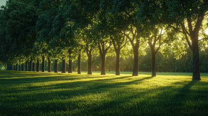 Fototapeta premium Lush green trees line serene landscape, casting shadows on grass as sunlight filters through leaves, creating peaceful and tranquil atmosphere