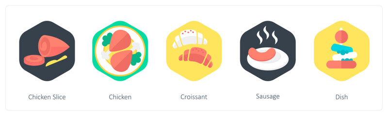 Obraz premium A set of 5 mix icons as chicken slice, chicken, croissant